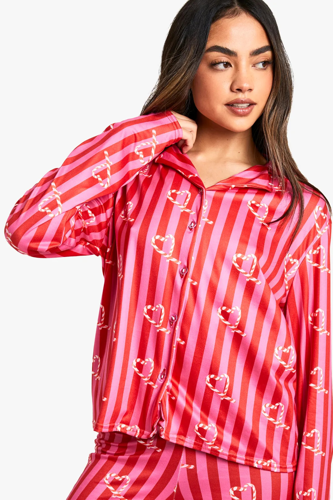 Christmas Candy Cane Print Stripe Long Sleeve Shirt & Trousers Pyjama Set | Boohoo.com (UK & IE)