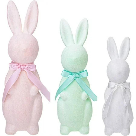 Easter Flocked Bunny Decorations - 3 Pack Pastel Flocked Bow-Tied Bunny Set - Spring Table Centerpieces for Indoor Decor - Easter Bunny Figurines Decoration for Home Party office | Walmart (US)