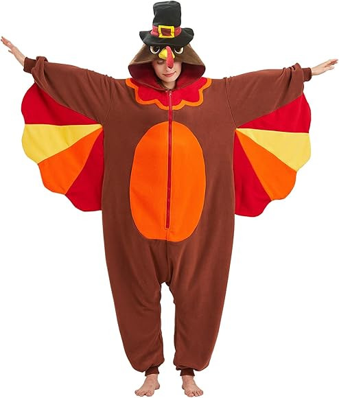 MORNINGFLY Turkey Onesie Adult - Turkey in Hat Thanksgiving Halloween Costume - Animal One-Piece ... | Amazon (US)