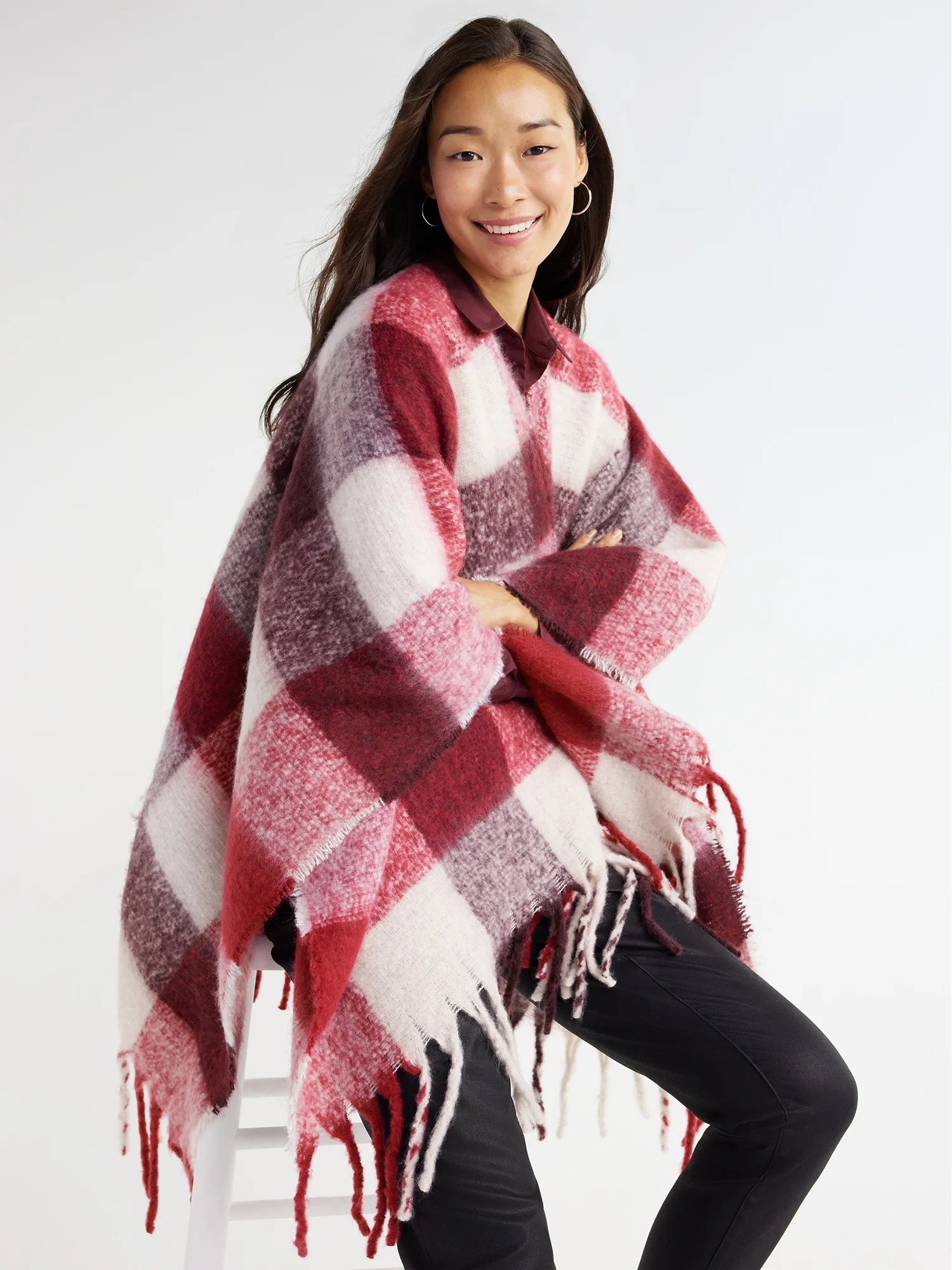 Time and Tru Women's Brushed Check Layering Piece with Fringe, Raspberry | Walmart (US)