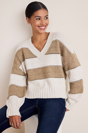 Cindy Balloon Sleeve Striped Sweater | Francesca's