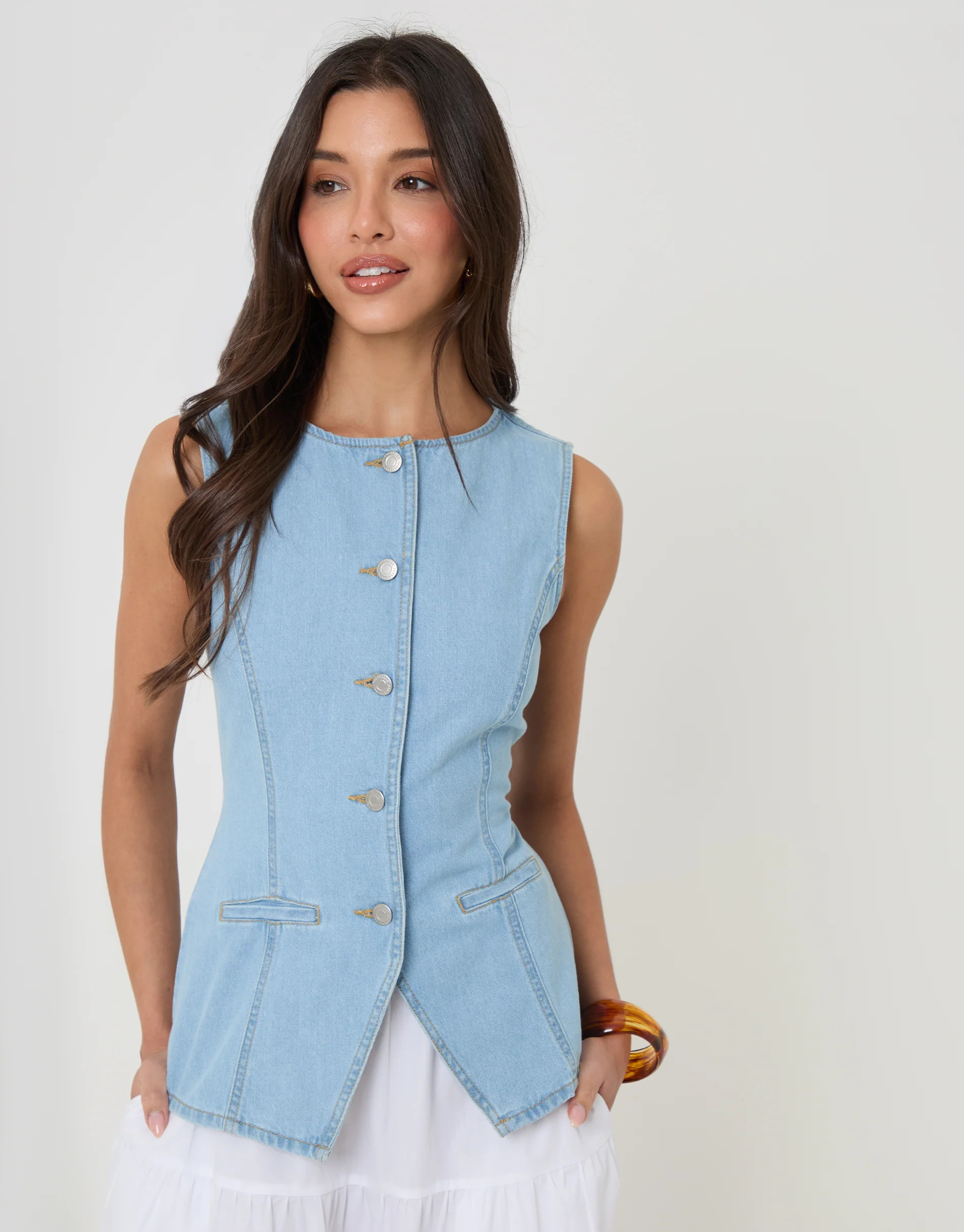 Light Wash Denim Longline Waistcoat | Threadbare