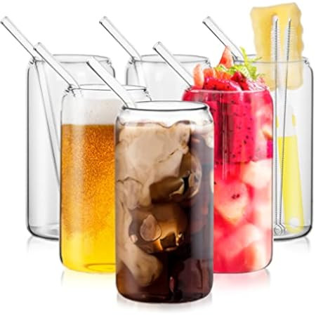 Drinking Glasses 6pc Set - Can Shaped Glass Cups, 16oz Iced Coffee Glasses, Iced Tea Glasses, Cut... | Amazon (US)