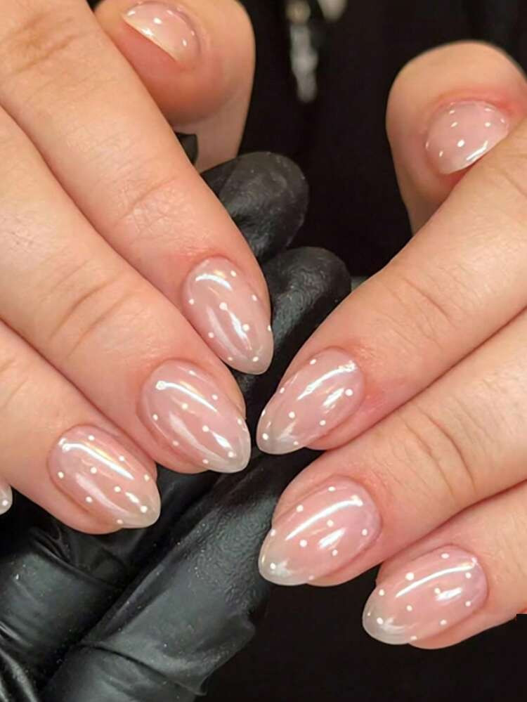 24pcs Short Nails, Pink Color, Glitter Coated, White Polka Dot Almond Shape Nails + 1pc Jelly Gel... | SHEIN