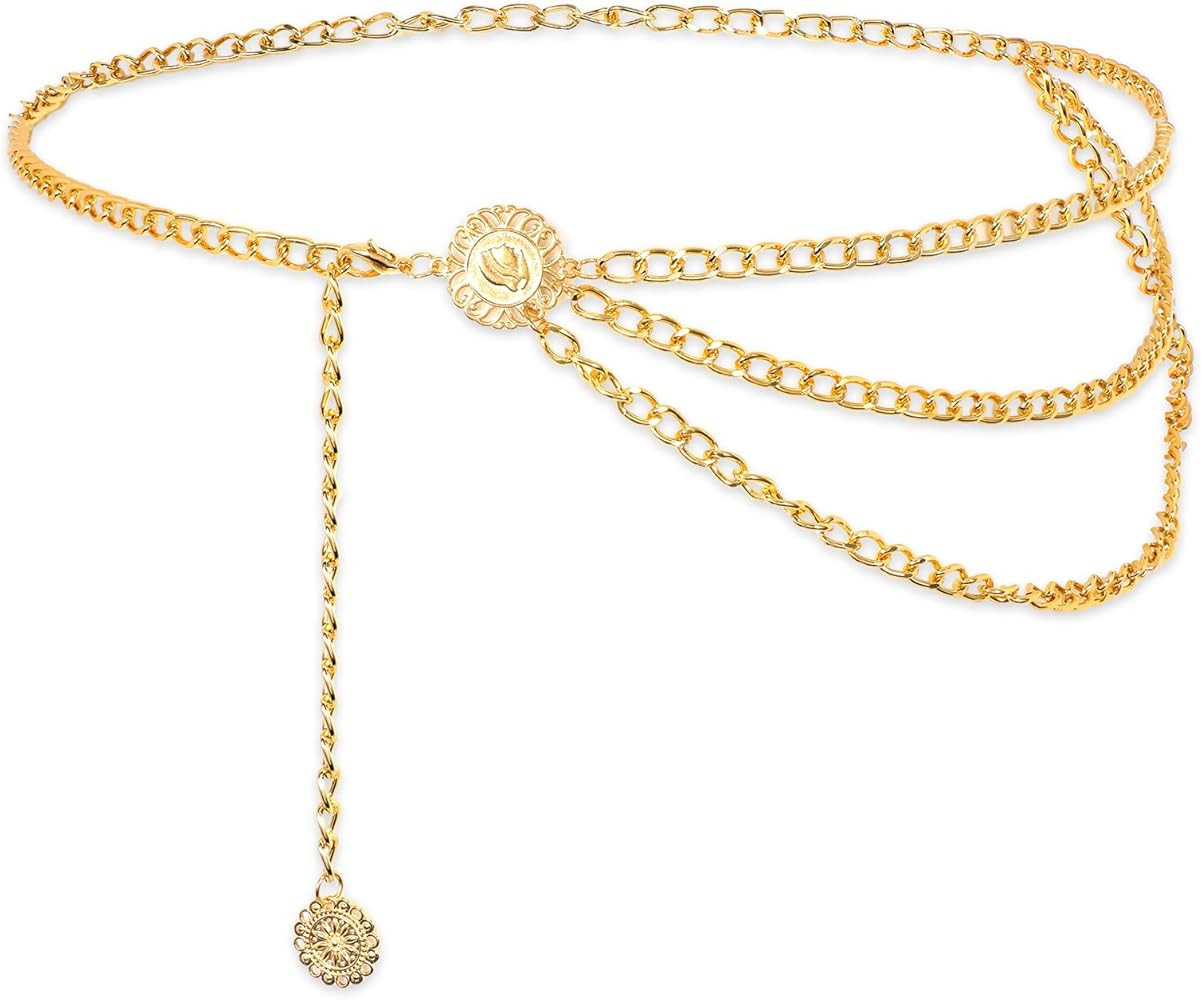 Multilayer Metal Waist Chain Belt for Women, Fashion Multilayer Adjustable Women Gold Long Belt B... | Amazon (US)