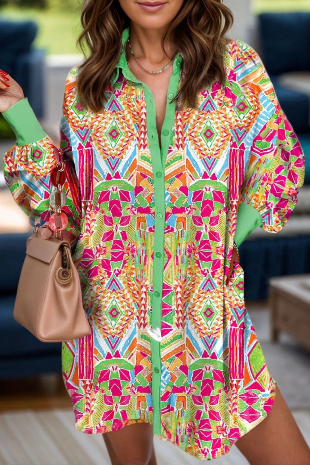 Printed Button Up Long Sleeve Shirt Dress M | Casual Chic Boutique