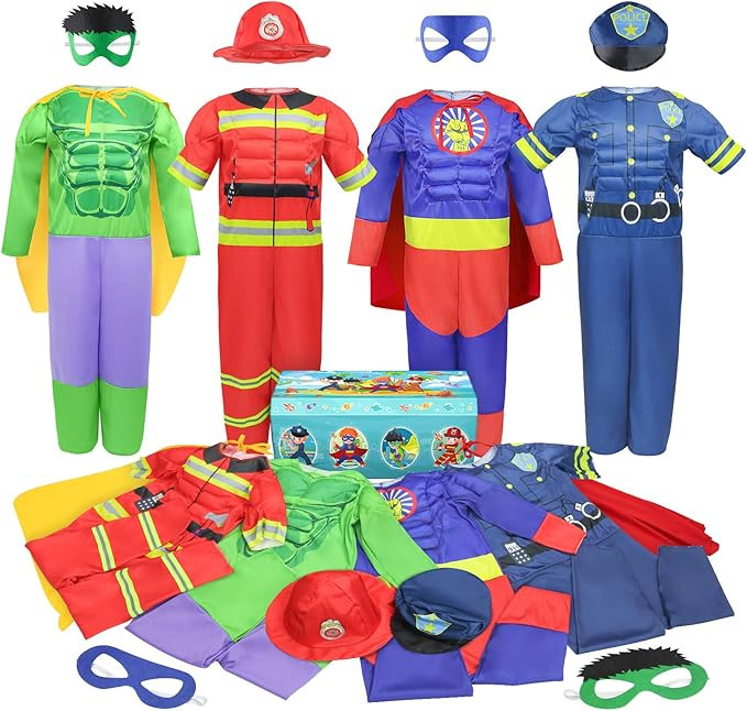 Boys Muscle Chest Dress up Costumes Trunk with Superhero, Policeman, Fireman Costume, Kids Preten... | Amazon (US)