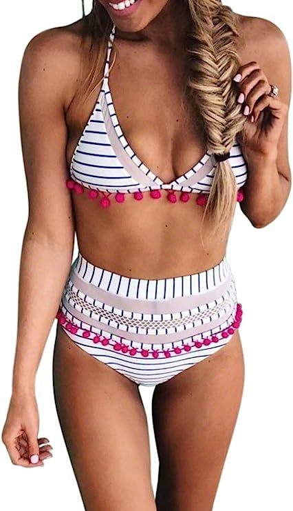 Dokotoo Womens High Waist Two Pieces Bikini Set Striped Tassel Swimsuit | Amazon (US)