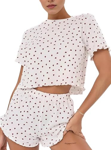 Remidoo Womens Heart Pajama Set Lettuce Trim Short Sleeve T Shirt and Shorts Loungewear Heart White Small | Amazon (US)