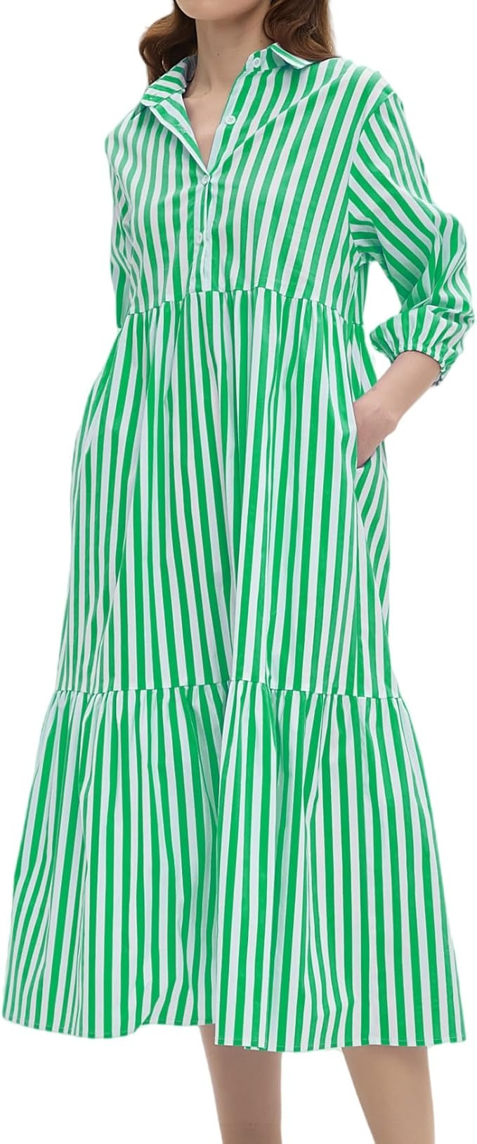 Womens Babydoll Striped Shirt Midi Dress Puff Long Sleeve Collared Button Tunic Flowy Swing Dress... | Amazon (US)