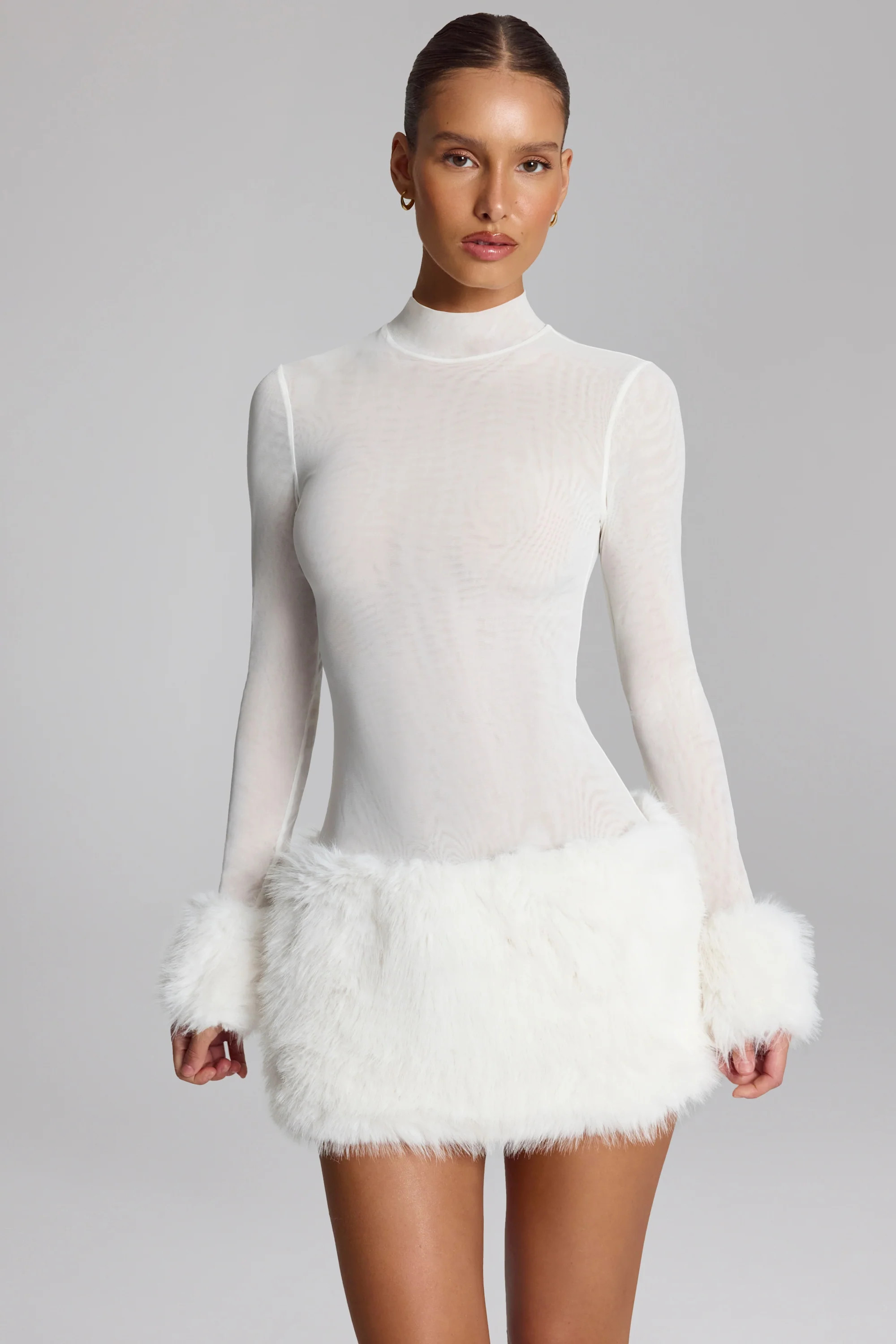 Faux Fur-Trim Turtleneck Mini Dress in White | Oh Polly