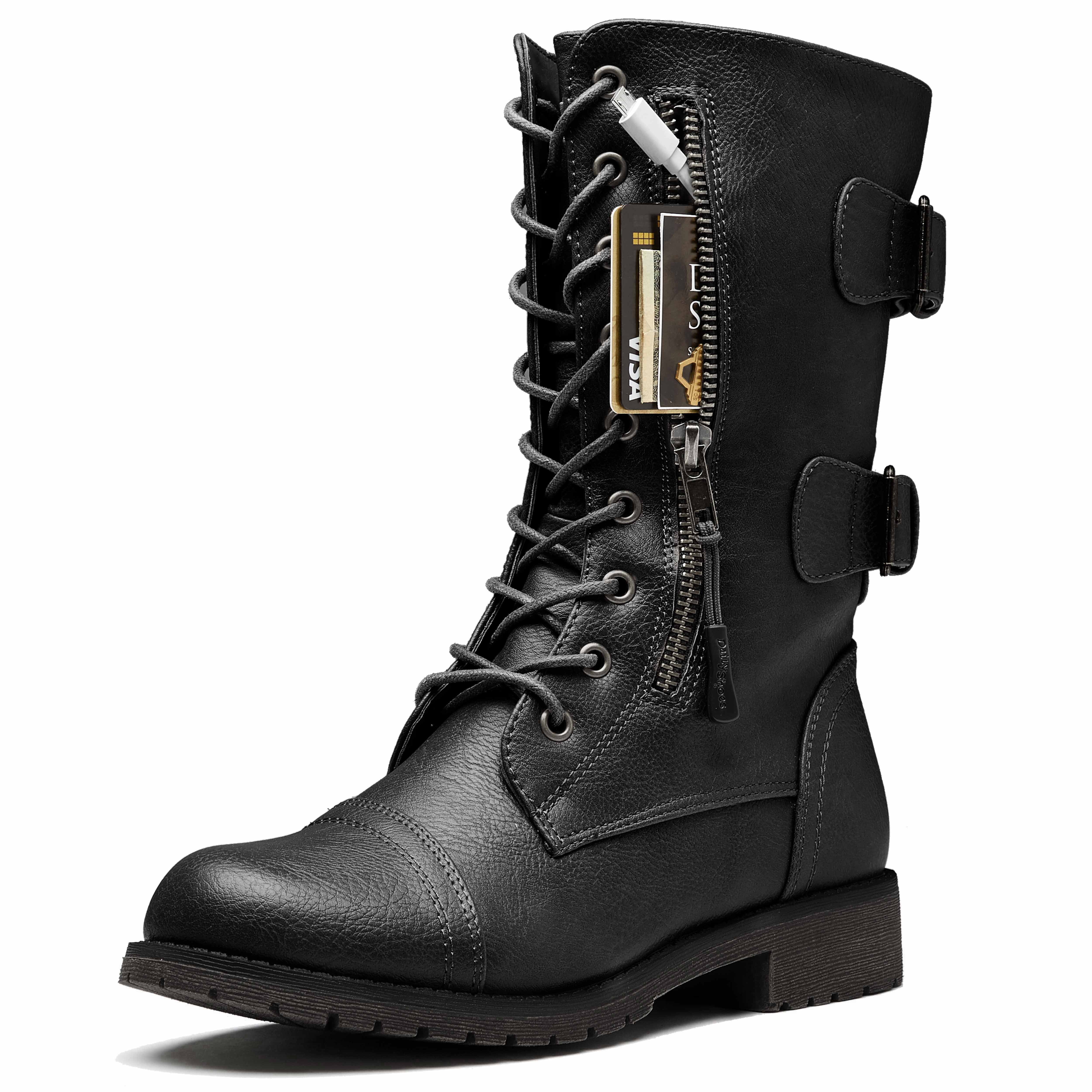 DailyShoes Women's Military Lace Up Buckle Combat Boots Mid Knee High Exclusive Credit Card Pocke... | Walmart (US)