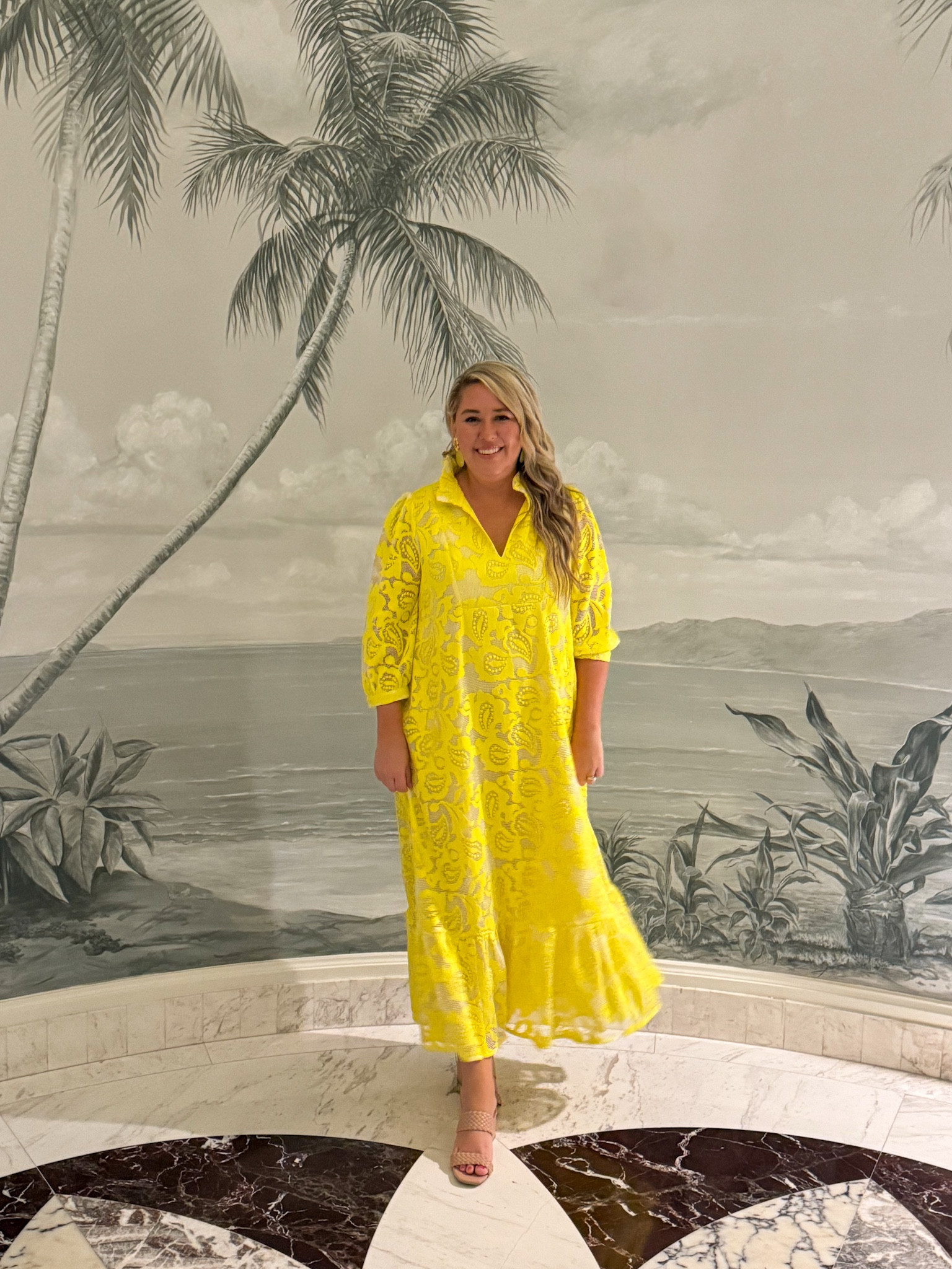 Loving this sunny yellow lace dress I wore to dinner tonight! I’m 5’9” and in XL (there is no stretch in this one). Such a cute and unique find! Earrings are old from J Crew and sandals are old from Target. #ltkover40 #ltkmidsize #ltkwedding #ltkworkwear #ltktravel #ltkseasonal resort wear dress, palm beach style, Florida dress, Bahamas dress 

#LTKTravel #LTKOver40 #LTKMidsize