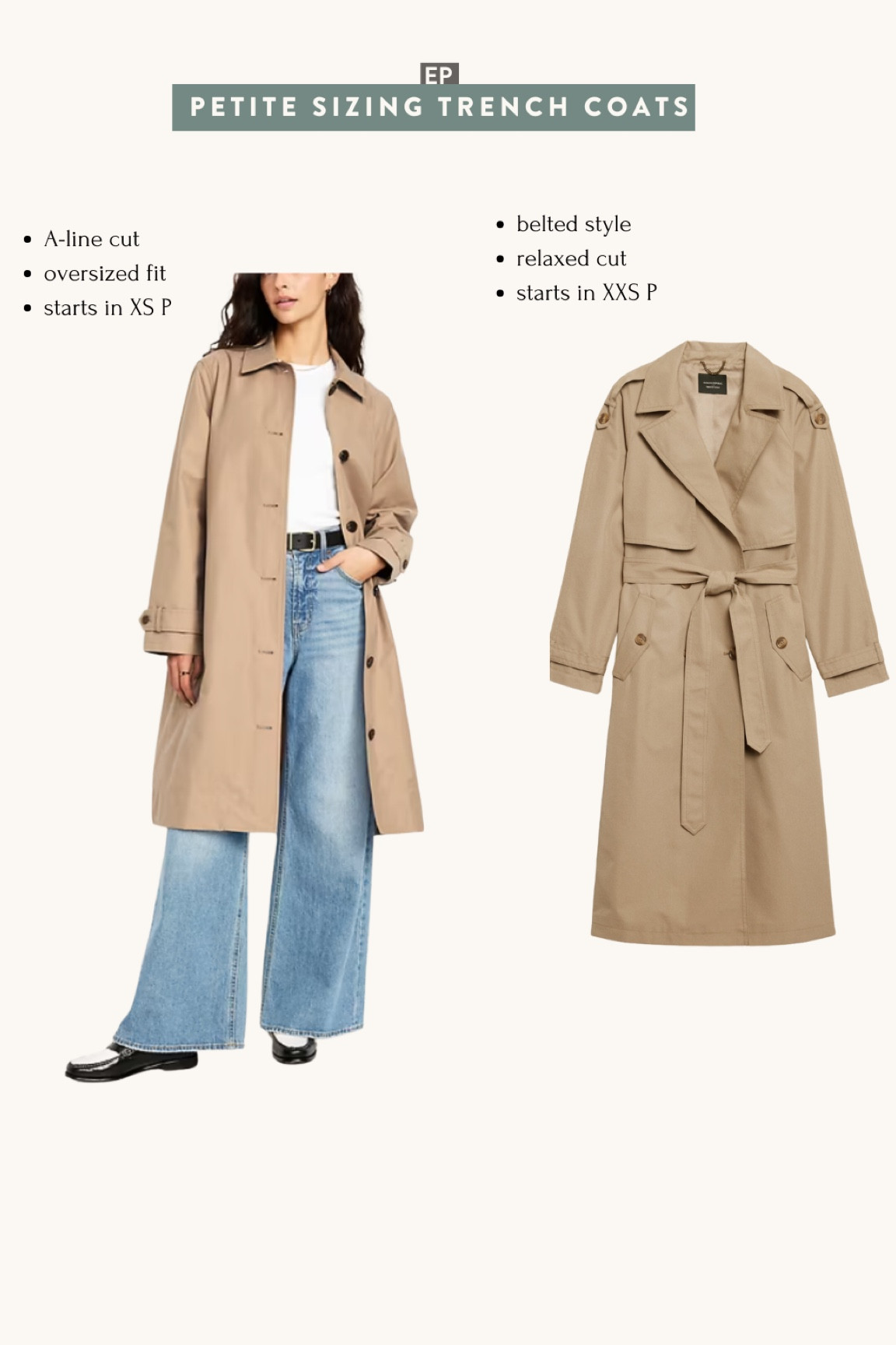 3 trench coats on sale that are available in Petite sizing

• Old Navy Oversized water resistant Mac coat - A line cut, oversized fit, and sizing starts in XS petite. 

Reviews have mentioned that this runs big

• BRF timeless trench coat - belted relaxed cut, starts in XXS petite. 

• not pictured but linked as similar, the J.Crew icon trench is water resistant with a detachable hood, and it fits smaller and slimmer than the above two options. I actually prefer the J.Crew trench in regular sizing 00 for longer  length.

Winter coats, trench coat, petite friendly 

#LTKWorkwear #LTKTravel #LTKSaleAlert
