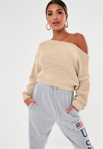 Missguided - Nude Crop Off Shoulder Knitted Sweater | Missguided (US & CA)