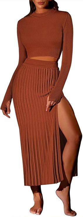 Pink Queen Women's 2 Piece Sweater Outfits Set Long Sleeve Crop Top Ribbed Split Bodycon Midi Lon... | Amazon (US)