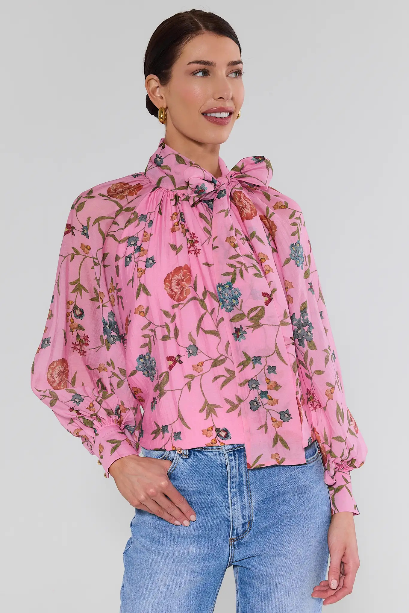 Corinne Pink Floral Tie Neck Top | Avara