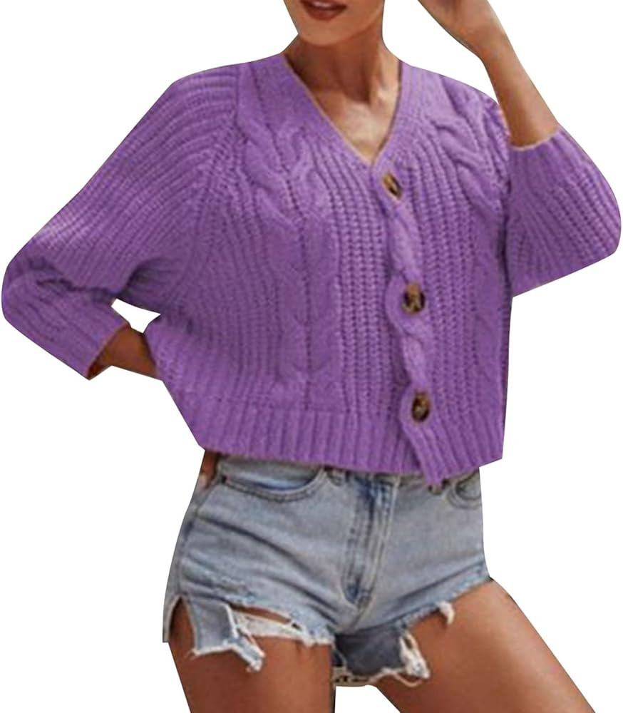 ZJHANHGKK Cropped Sweater for Women Long Sleeve Button Front V Neck Soft Knit Cardigan Fall Winte... | Amazon (US)