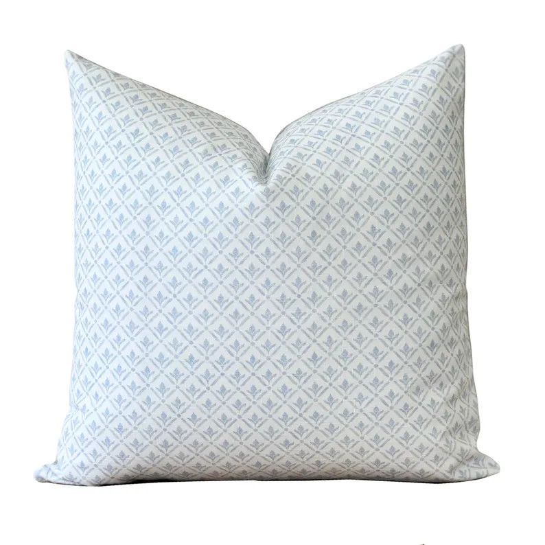 Blue and White Block Print Pillow Cover | Neutral Throw Pillow Covers | Botanical Print in Soft B... | Etsy (US)