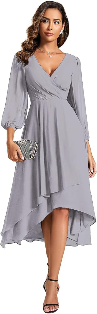 Ever-Pretty Women's Chiffon V Neck Long Sleeves Pleated A-Line Midi Length Wedding Guest Dress 01... | Amazon (US)