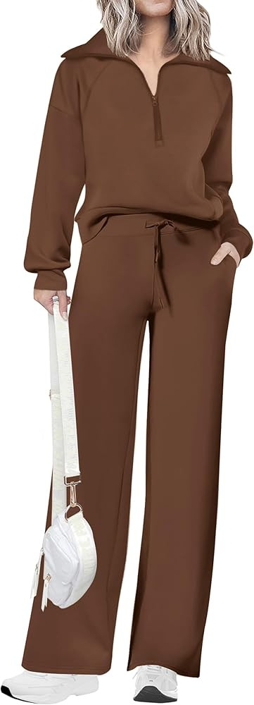 PRETTYGARDEN Womens 2 Piece Outfits Casual Lapel Half Zip Sweatshirts And Wide Leg Pants Tracksui... | Amazon (US)
