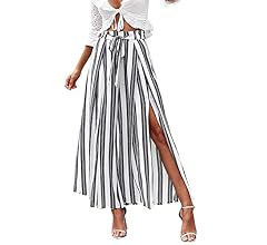 Simplee Women's Elegant Striped Split High Waisted Belted Flowy Wide Leg Pants | Amazon (US)