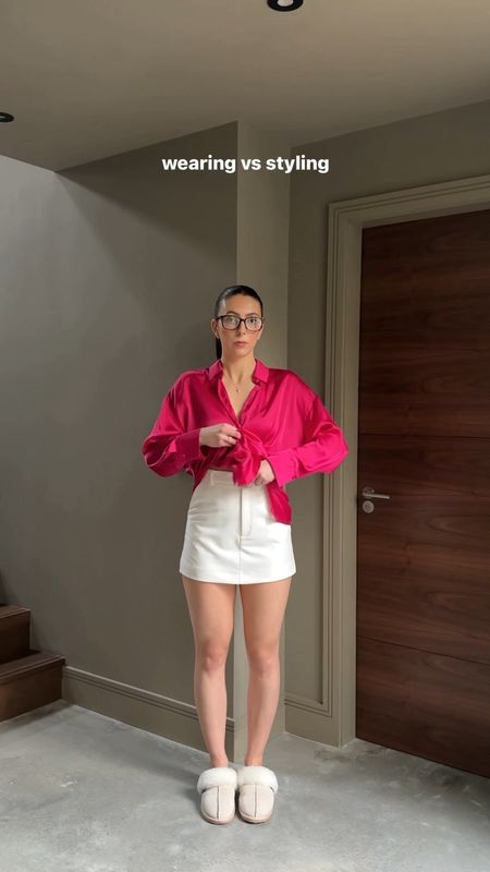 Wearing vs styling, white skort, pink satin shirt, pink outfit, girly outfit, pink strappy heels, going out outfit, satin shirt, high street outfit 

#LTKstyletip #LTKSeasonal #LTKeurope