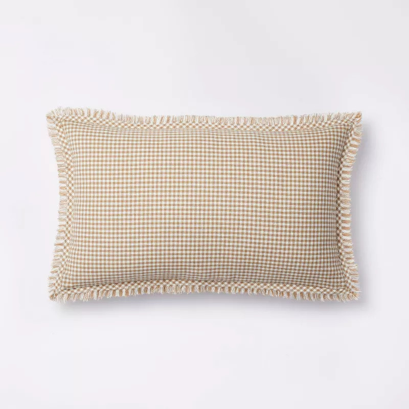 Oblong Gingham with Hemstitch and Raw Edge Decorative Throw Pillow Camel - Threshold™ designed ... | Target