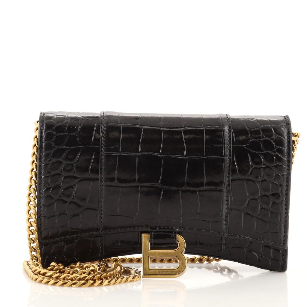 Balenciaga Hourglass Chain Wallet Crocodile Embossed Leather Black 1163651 | Rebag