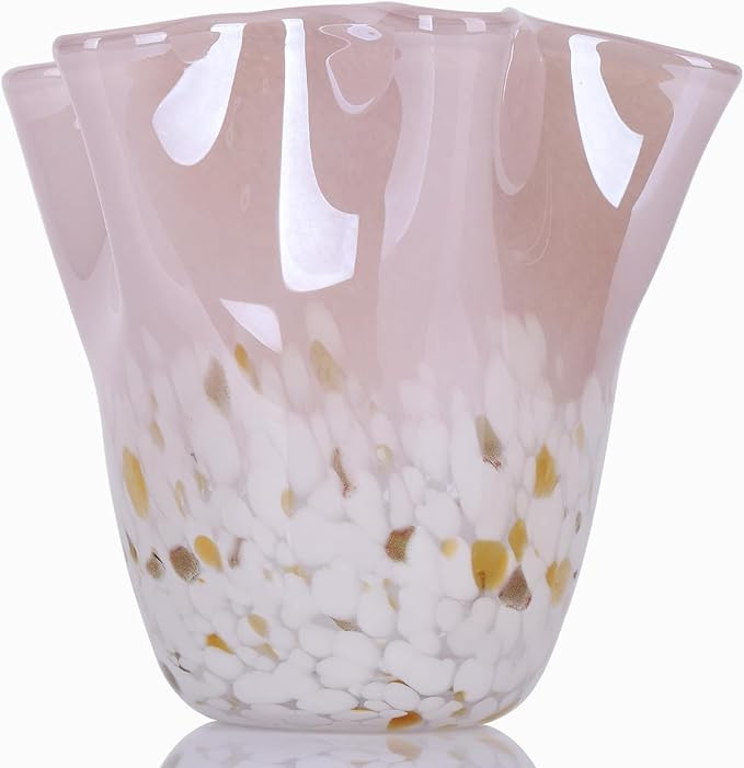 DOVDOV Hand Blown Pink Glass vase, Wave Wide Mouth vase Decoration, Unique Glass vase for Dining ... | Amazon (US)