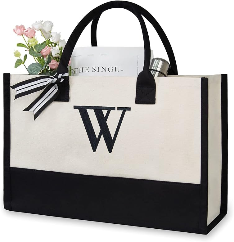 TOPDesign Personalized Initial Canvas Beach Bag, Monogrammed Gift Tote Bag for Women | Amazon (US)