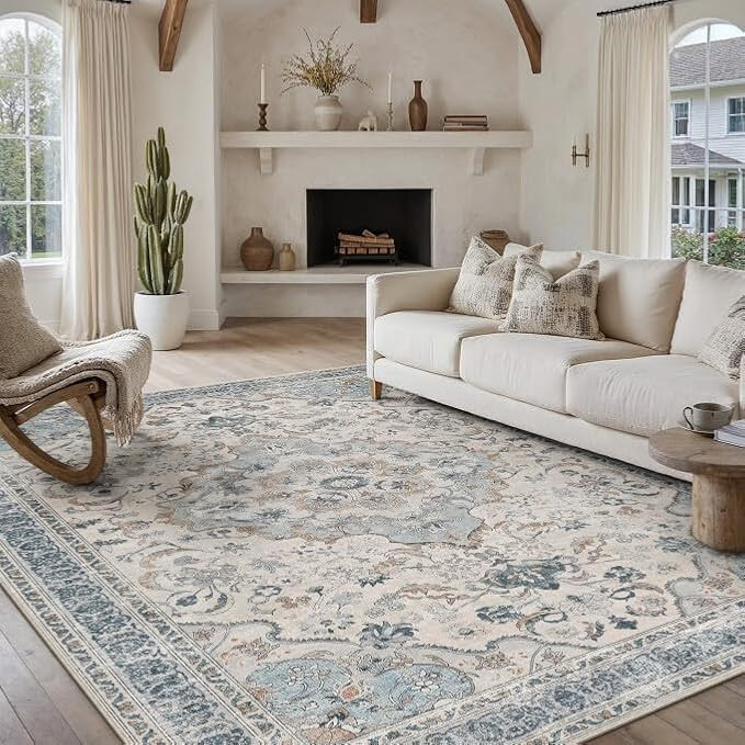 PureCozy Blue 8x10 Area Rug for Living Room Vintage Machine Washable Large Rug Non-Slip Soft Low ... | Amazon (US)