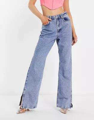 NA-KD high waist jeans with side slit in blue | ASOS (Global)