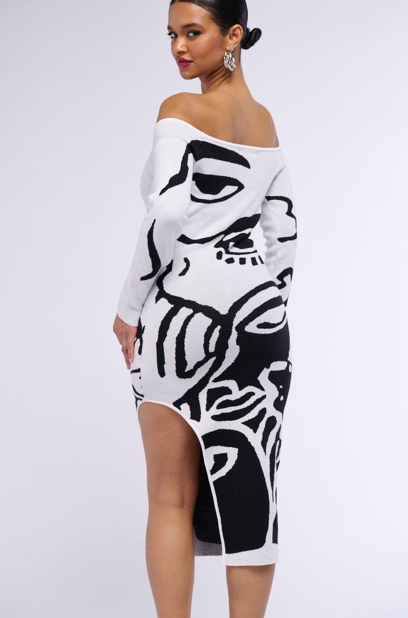 LOOK AT ME ABSTRACT PRINT KNIT MIDI DRESS | AKIRA