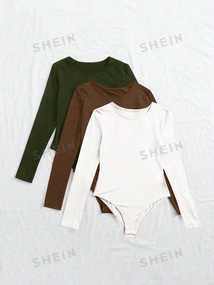 SHEIN Essnce 3-Color Pack Spring/Autumn Solid Color Long Sleeve Bodysuit | SHEIN