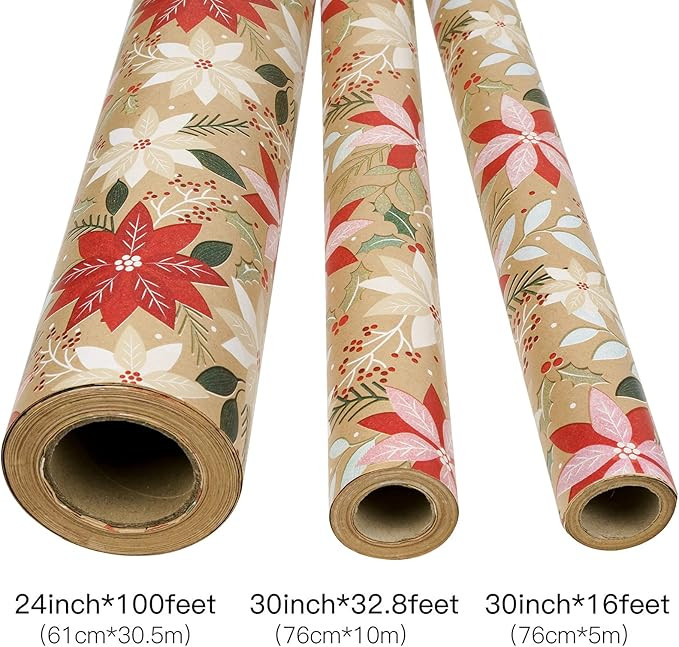 RUSPEPA Christmas Kraft Wrapping Paper - Flowers and Mistletoe Design - 24 Inches x 100 Feet | Amazon (US)
