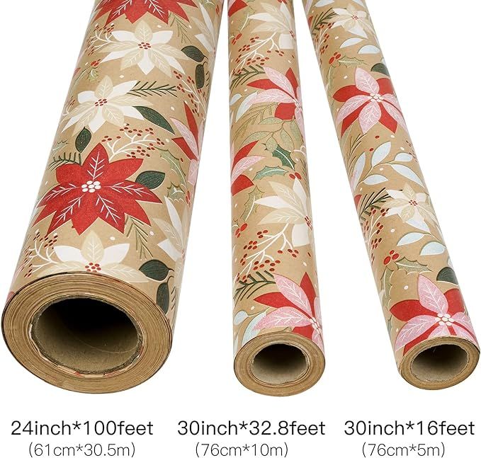 RUSPEPA Christmas Kraft Wrapping Paper - Flowers and Mistletoe Design - 24 Inches x 100 Feet | Amazon (US)