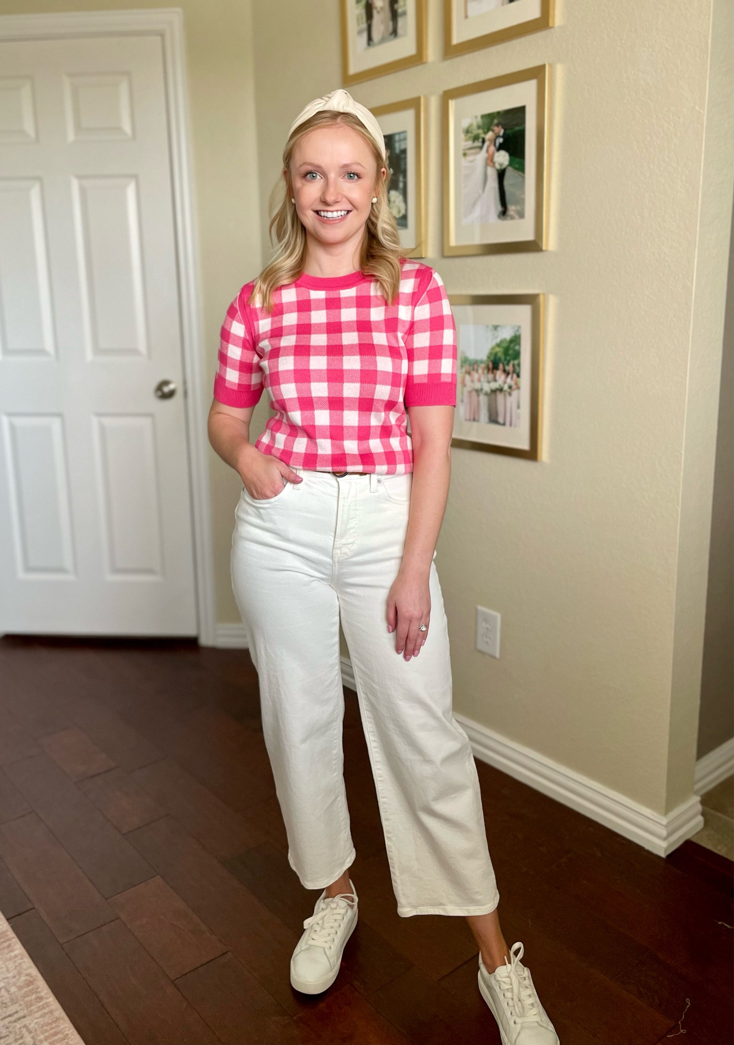 Wearing anXS in top and 26P in jeans | Walmart, white jeans, wide leg jeans, gingham, gingham top, pink top, spring outfit 

#LTKSeasonal #LTKFind #LTKunder50