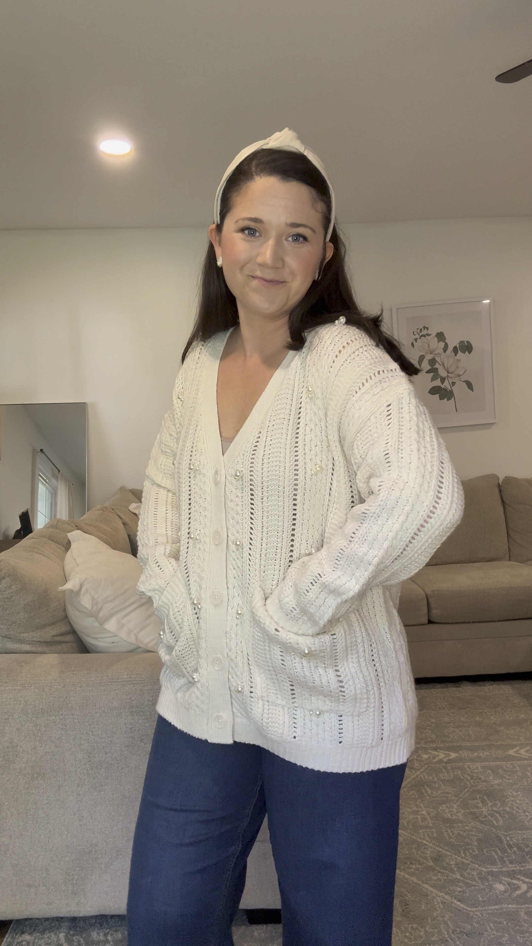 Pearl sweater. Fall outfit. Chunky cardigan 