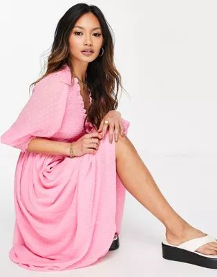 ASOS DESIGN midi smock dress with shirred cuffs in dobby in pink | ASOS (Global)