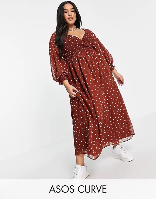 ASOS DESIGN Curve dobby shirred wrap maxi dress in brown spot | ASOS (Global)