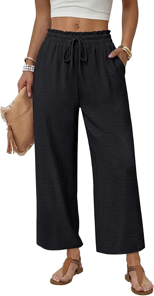 WIHOLL Wide Leg Pants Woman Flowy Palazzo Drawstring Elastic Waist Trousers with Pockets Casual L... | Amazon (US)