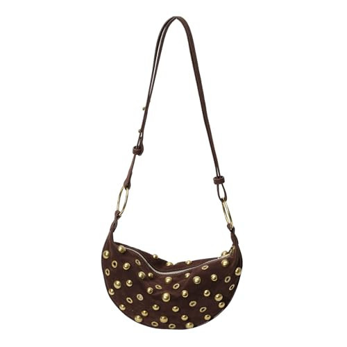 OWGSEE Studded Purse Trendy Studded Handbag Hobo Crescent Bags Y2K Shoulder Bag Suede Purses for Women (Coffee) | Amazon (US)