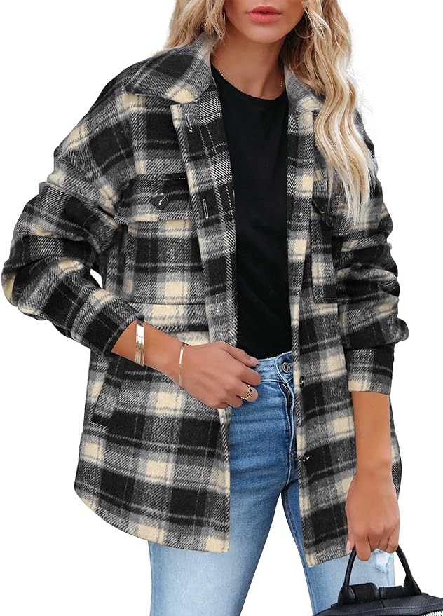 Beaully Women's Flannel Plaid Shacket Long Sleeve Button Down Shirts Jacket Coats with Side Pocke... | Amazon (US)