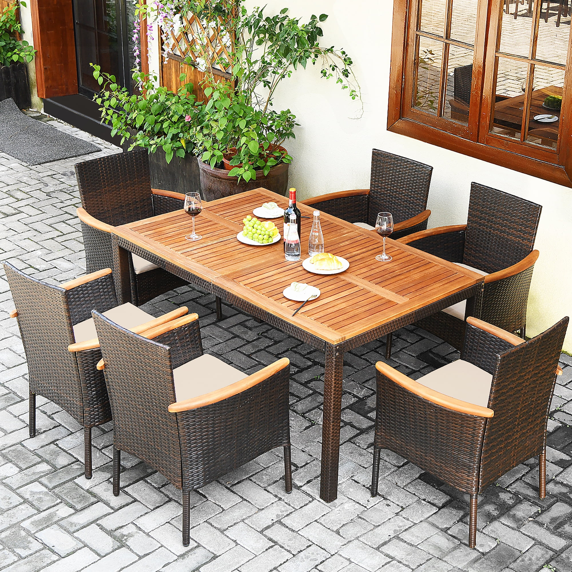 Costway 7PCS Patio Rattan Dining Set Armrest Cushioned Chair Wooden Tabletop - Walmart.com | Walmart (US)