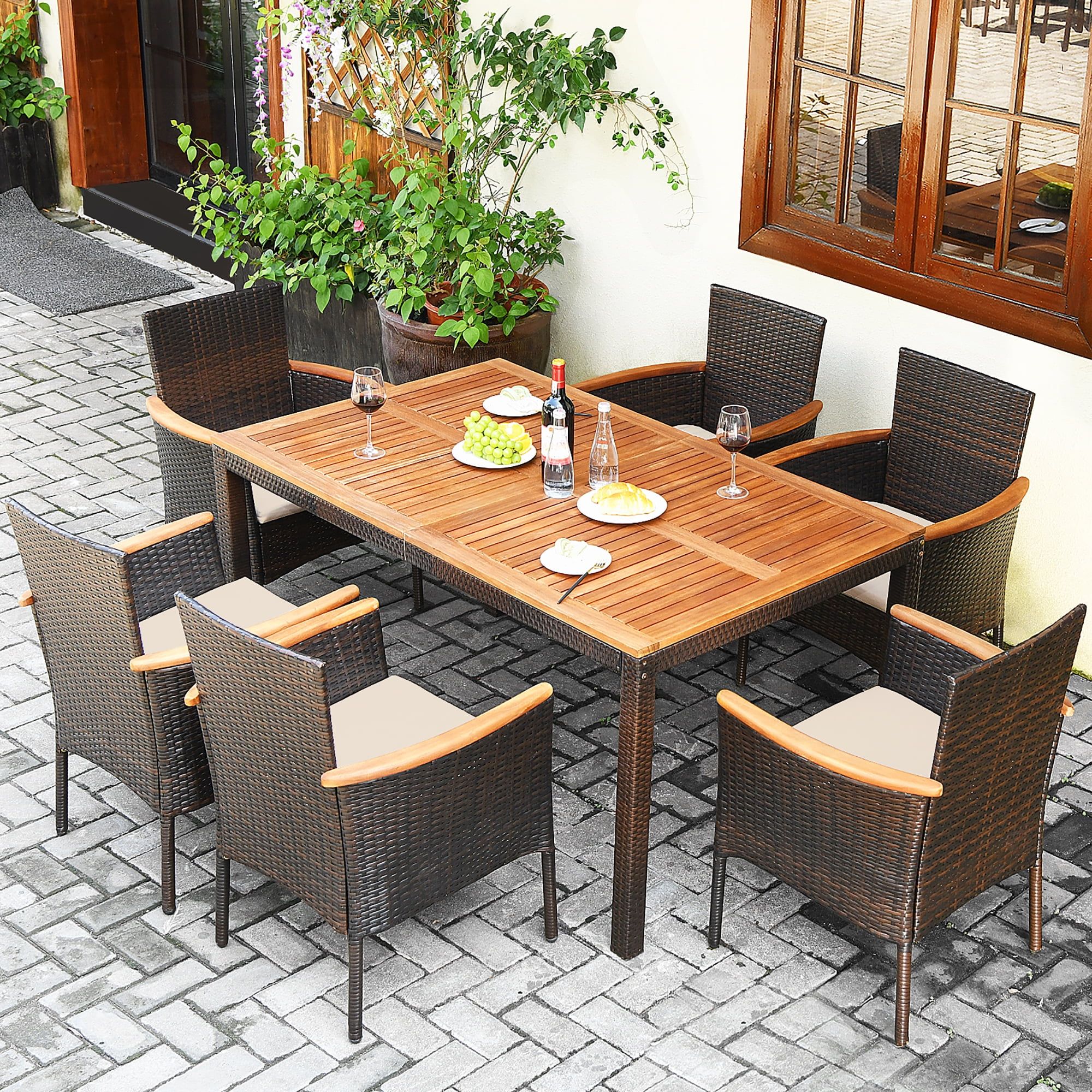 Costway 7PCS Patio Rattan Dining Set Armrest Cushioned Chair Wooden Tabletop | Walmart (US)
