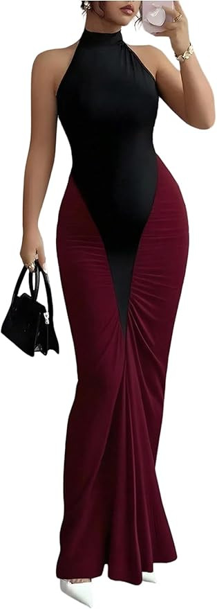 GORGLITTER Women's Halter Maxi Dress Ruched Bodycon Formal Birthday Evening Elegant Wedding Guest... | Amazon (US)