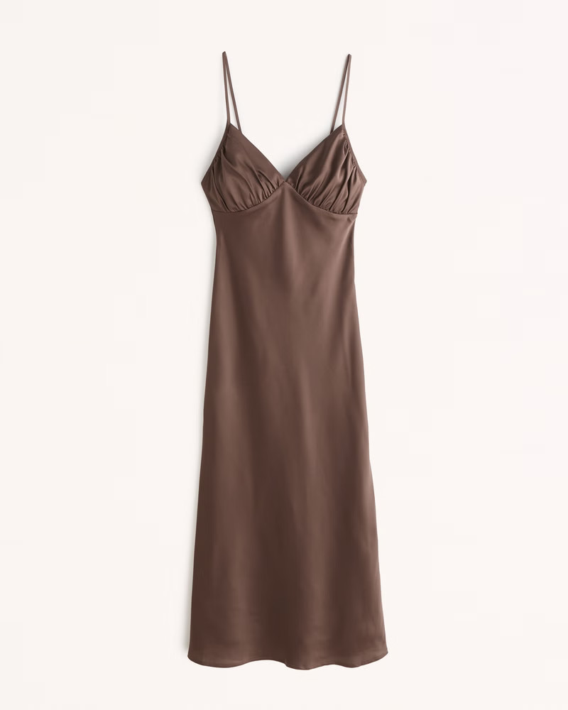 Women's Ruched Satin Slip Midi Dress | Women's New Arrivals | Abercrombie.com | Abercrombie & Fitch (US)