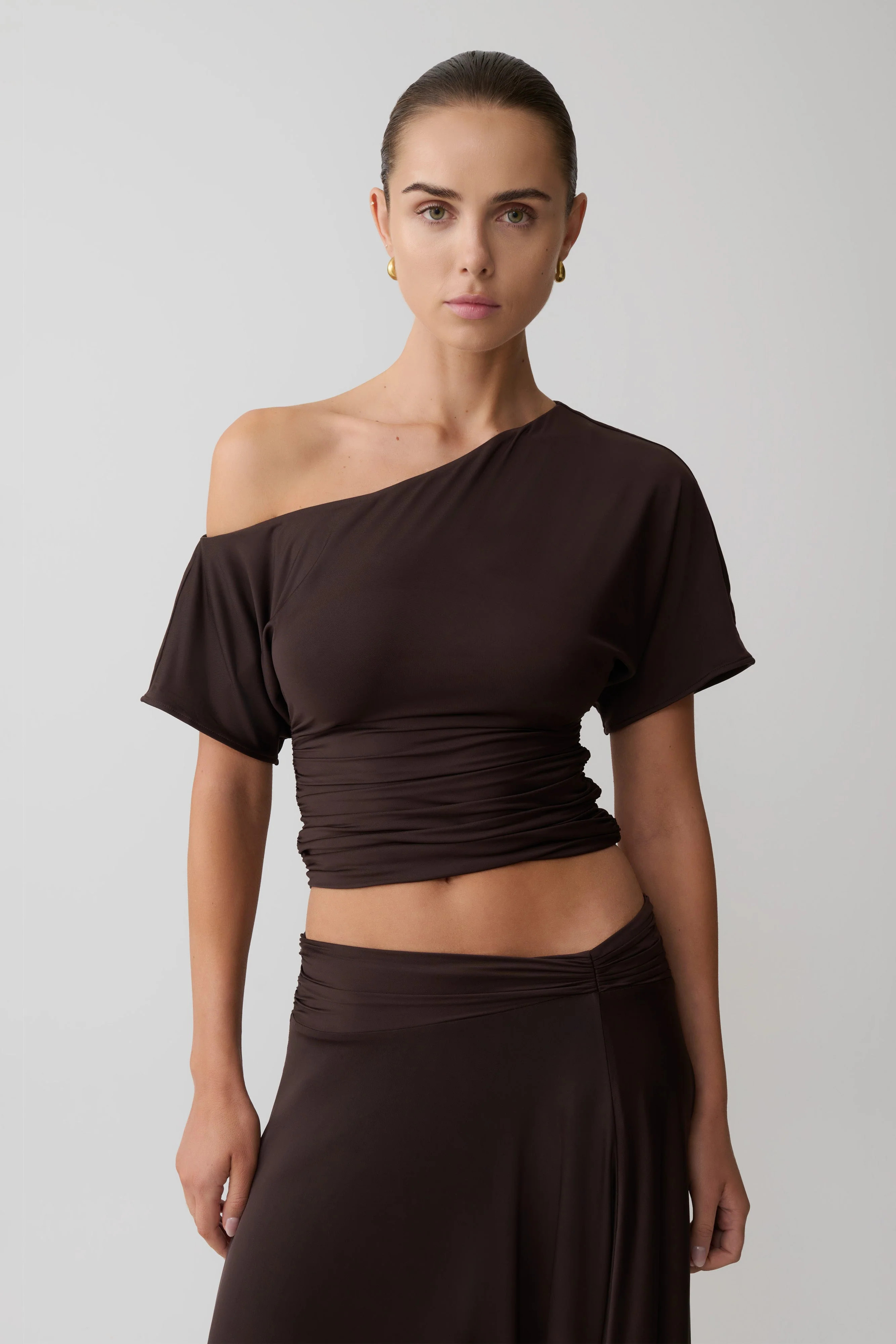 Luu Off Shoulder Slinky Top - Dark Chocolate | Meshki UK