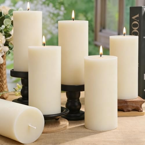 6 Pack Natural Ivory Soy Pillar Candles, 2.8x6 in Hand-Poured Unscented Soy Wax Candles, 540 H Burn Time, Non-Toxic, Smokeless Dripless Rustic Pillar Candle for Dinner, Wedding, Home, Bathroom | Amazon (US)